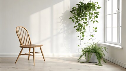 Bright and airy room with a wooden chair and lush green plants near a window