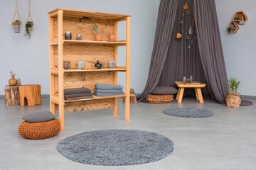 Wooden shelving unit in a serene room