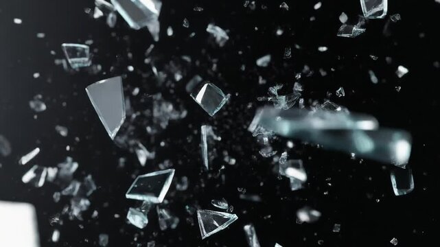 黒背景に飛び散る粉々になったガラスの破片がゆっくりと宙を舞って落ちる