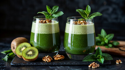 Two refreshing green smoothies in clear glasses topped with walnuts and mint leaves served with sliced kiwi fruit