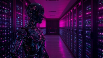Futuristic Robot in a Server Room Artificial Intelligence and Data Processing