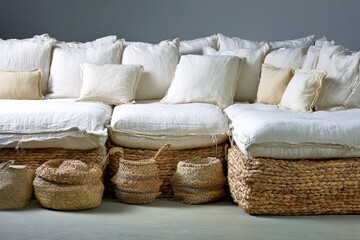 White linen sectional sofa with woven baskets