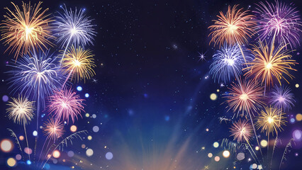 Naklejka premium Vibrant and colorful fireworks illuminate the dark night sky with dazzling bursts of light and bokeh effects