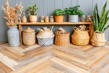 Wooden shelf with baskets and plants on herringbone floor