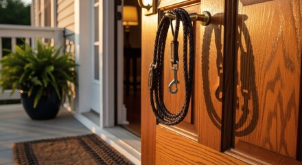 A dog leash hangs on the doorknob of an open wooden front door, with a potted plant on the porch visible.