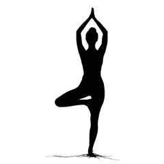 Fototapeta premium Black Silhouette of Woman in Tree Pose Vrikshasana on White Background