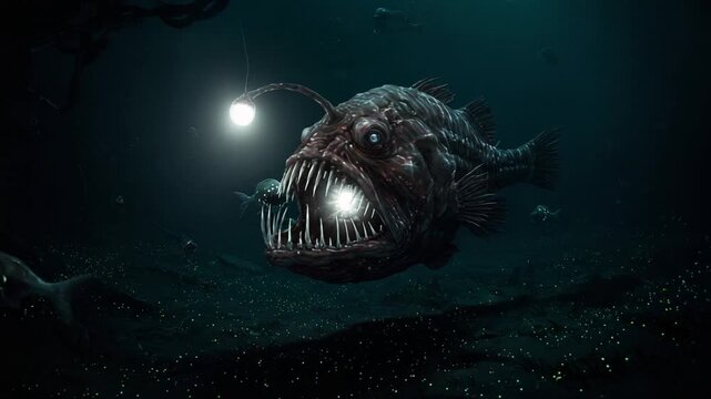 Deep-sea anglerfish hunting in dark ocean waters