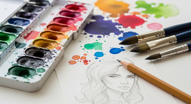 Watercolor paints, brushes, pencil sketch, and a partially completed portrait drawing on paper.