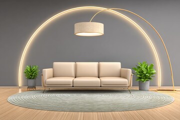 Beige couch, arching light fixture, minimalist room