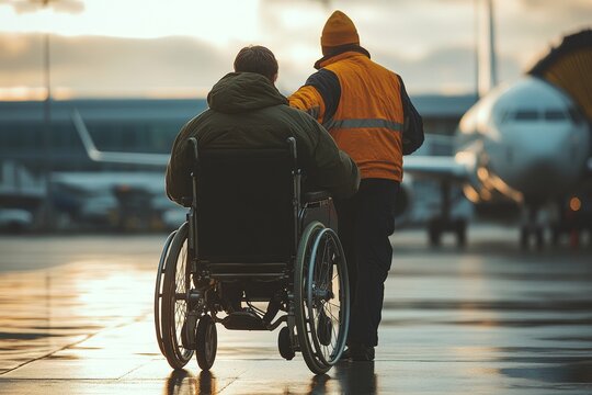 Rear view of an airport worker pushing a man in a wheelchair as he boards an airplane, symbolizing the support and care provided to individuals with special needs during travel, Generative AI