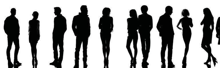 Group of Standing Business People in Different Professions Black Silhouette on White Background

