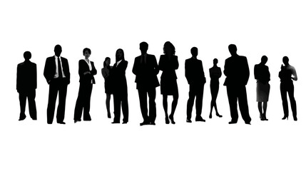 Group of Standing Business People in Different Professions Black Silhouette on White Background

