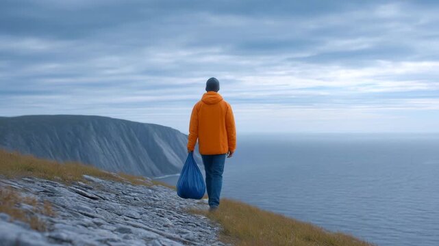 A person walks along the edge of a cliff with a bag, enjoying scenic coastline view. A picture showcasing a person with his bag, appreciating the magnificent vista