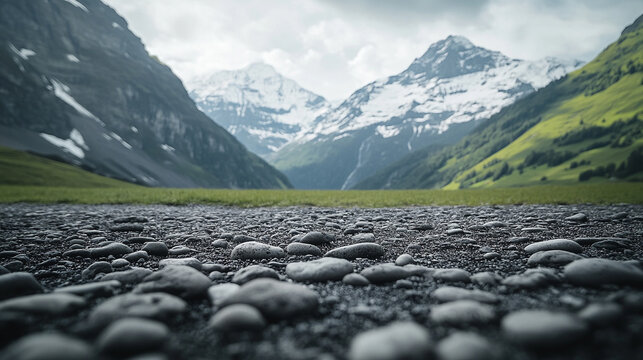 Close-up of rugged mountain rock surface with blurred background showing snow-capped peaks, green slopes, and valley. Scenic natural outdoor landscape ideal for travel, adventure, and product display.