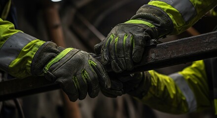 Holding Metal Bar with Protective Gloves and Reflective Gear