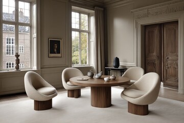Elegant dining room, beige chairs, round table