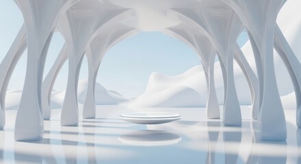 Futuristic White Architectural Structure with Smooth Curved Columns and Open Sky in Modern Design