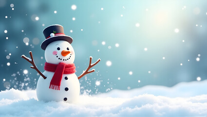 Blur snow falling christmas background with snowman on left side and clear empty space on the right
