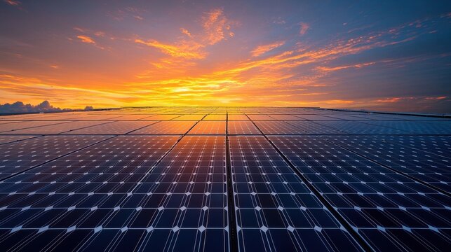 Solar panel silhouette perspective view modern renewable energy installation photovoltaic array sunset lighting sustainable technology blue cells