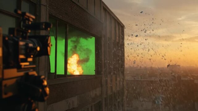 Explosive Scene Captured at Sunset in Urban Setting
