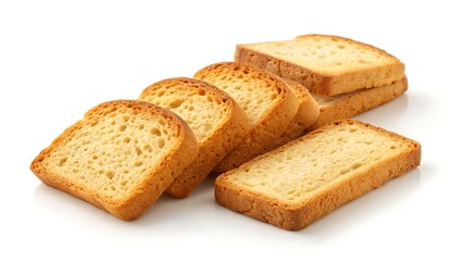 Toasted rusk with porous, crisp texture arranged cleanly on white surface for product photography and food marketing.
