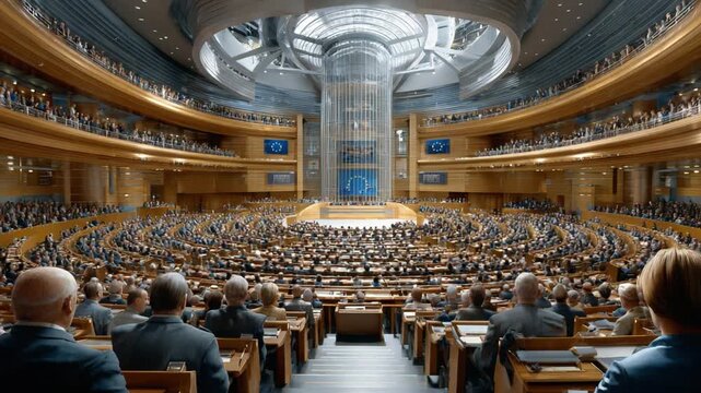Conference Hall Assembly: A vast and imposing conference hall is filled with a large assembly of individuals, all engaged in a meeting, fostering a sense of importance and collaboration.