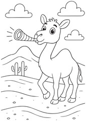 Coloring book camel blowing a horn in the desert.