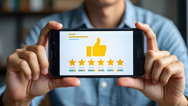 Person holding a smartphone displaying a positive customer review with a thumbs up and five star rating