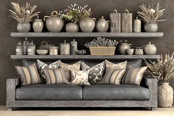 Rustic living room with shelves and sofa