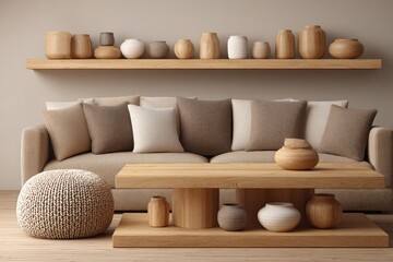 Minimalist wooden decor on a light beige wall