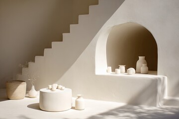Sun-drenched white room with stairs and niche