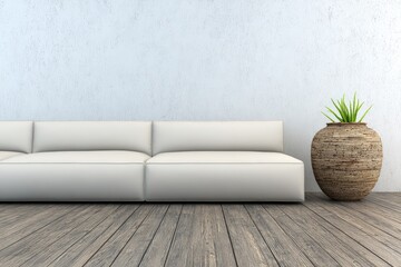 Light, modern living room with off-white sofa and woven planter