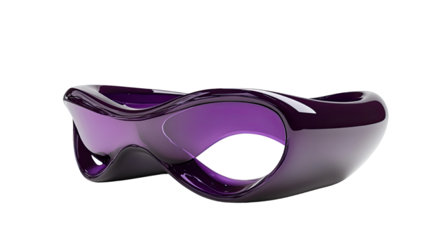 Futuristic purple visor sunglasses with sleek curved design and glossy surface isolated on white background