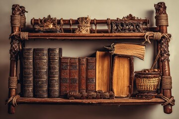 Rustic wooden shelf with antique books and decorative items