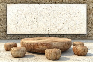 Rustic wooden table & stools, large blank canvas