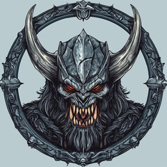 Furious Horned Skull Demon Head Illustration with Spiked Collar and Dark Mystical Aura