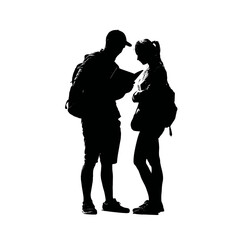 Tourist Couple Looking at Guidebook or Phone Map – Black Casual Outfits with Backpack on White Background

