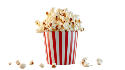 Red and white striped popcorn cup filled to the brim classic cinema snack container isolated on white background