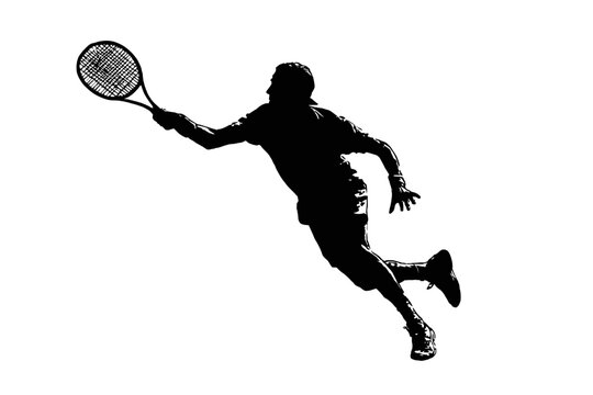 Tennis Player in Mid-Swing with Racket – Black Silhouette on White Background

