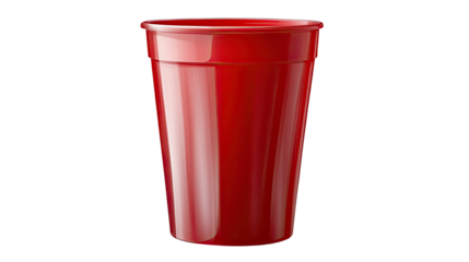 Single red plastic cup disposable drink container for party beverage isolated on white background