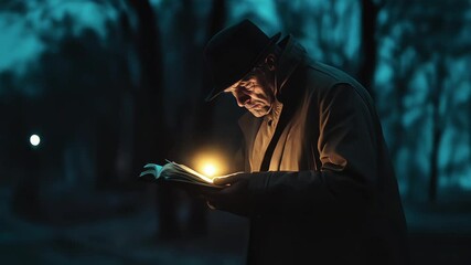 A man reads a glowing book in a dark, atmospheric forest.