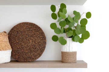 Shelves display woven items and greenery