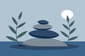 Minimalist Stones Stacked By Water Under Leafy Branch