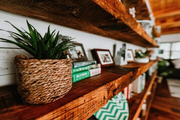 Rustic wooden shelves filled with plants, photos, and books