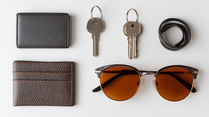 Flat lay of everyday household items including keys, wallet, and sunglasses neatly arranged on a white surface