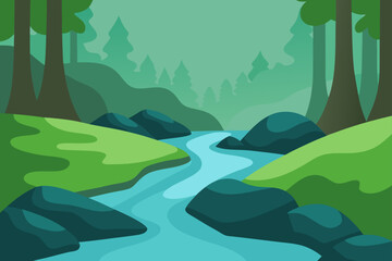 Soft Forest Stream Over Mossy Rocks With Motion Blur Design
