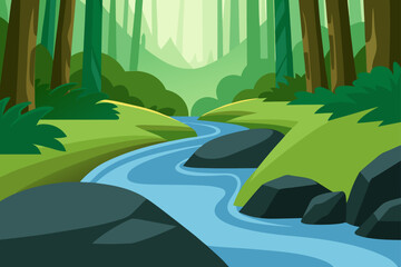 Soft Forest Stream Over Mossy Rocks With Motion Blur