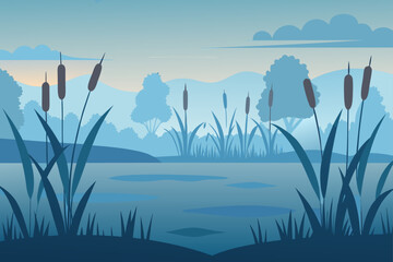 Tranquil Marshland With Reeds Mist And Early Morning Light