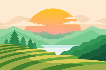 Tranquil Rice Terrace Layers With Mist And Soft Sunlight Scene