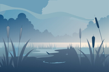 Tranquil Marshland With Reeds Mist And Early Morning Light Design
